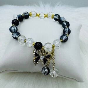 Gradient Black Beaded w/ Sparkly Bow Charm Bracelet - Small wrists